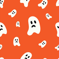 Cute Ghost seamless pattern with ghosts on orange background. Repeating print for fabric, wrapping paper, textile. Vector illustration