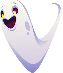 Halloween ghost font, funny boo typeface letter V and horror evil type, vector monster alphabet. Halloween font of spooky cartoon boo poltergeist character in shape of letter V for horror typeface