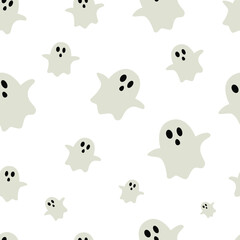 Cute Ghost seamless pattern with ghosts on white background. Repeating print for fabric, wrapping paper, textile. Vector illustration