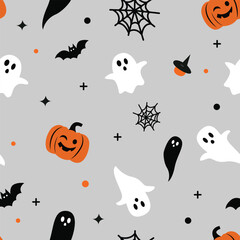 Cute halloween seamless pattern on grey background. Halloween characters, cartoon ghost, pumpkin, bats. Print for fabric texture, decoration, wrapping paper. Vector illustration