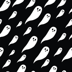 Cute Ghost seamless pattern with ghosts on black background. Repeating print for fabric, wrapping paper, textile. Vector illustration