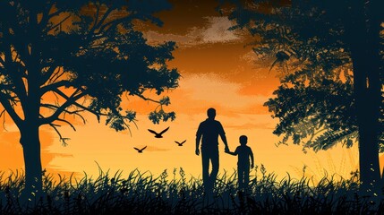 Fototapeta premium Silhouette of a father and son walking hand in hand against a sunset backdrop.