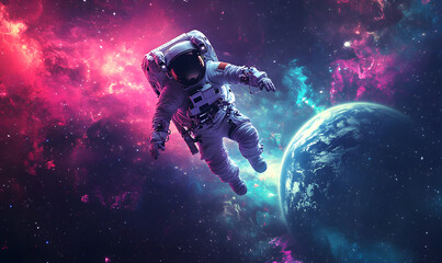 graphics of space, planets, and astronauts on a white background.