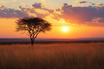 Fototapeta premium A beautiful sunset over open grasslands. Silhouetted tree stands tall against orange skies. A tranquil scene for nature lovers. Discover the magic of wilderness. Generative AI