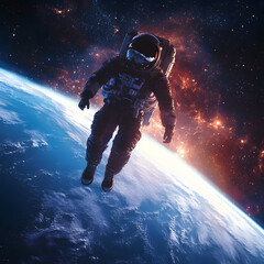 graphics of space, planets, and astronauts on a white background.