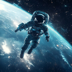 graphics of space, planets, and astronauts on a white background.