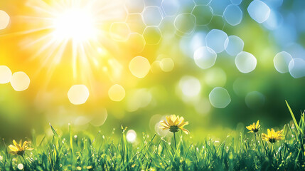 Fototapeta premium Sunny Day in Green Meadow with Blooming Flowers and Bokeh