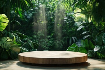 Wooden circle podium in tropical forest for product presentation and green background.3d rendering with generative ai