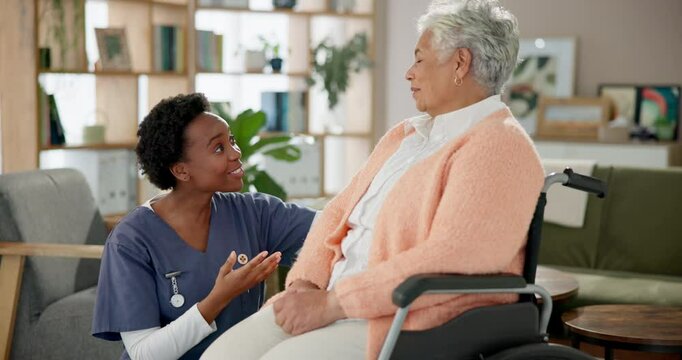 Conversation, caregiver and senior woman in wheelchair at retirement home for healthcare, support and trust. Nurse, patient and person with a disability with medical service for care and happy