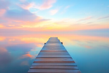 A calm wooden pier extends into a serene lake. Soft pastel colors reflect on water. A peaceful scene perfect for relaxation and tranquility. Generative AI