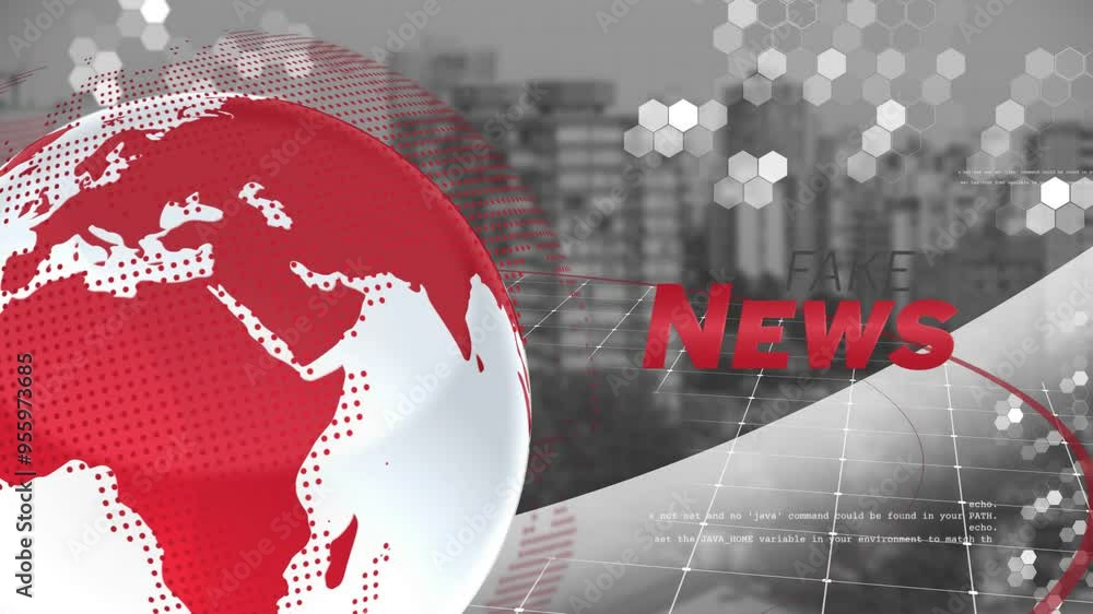 Poster red globe and fake news text animation over cityscape background with hexagonal patterns