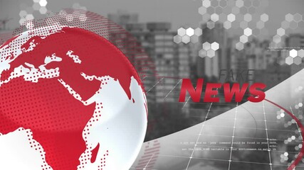 Red globe and FAKE NEWS text animation over cityscape background with hexagonal patterns - Powered by Adobe