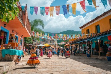 Obraz premium A vibrant street scene in a colorful village. People enjoy a festive atmosphere with bright banners overhead. This lively place captures cultural joy. Generative AI