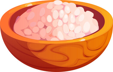 Cartoon wooden sushi rice bowl utensil, round plate filled with raw cereal grains. Isolated vector traditional Japan food cuisine meal, oriental restaurant Asian dining dish in natural rustic style