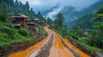 Muddy Road Through Mountain Village After Rain