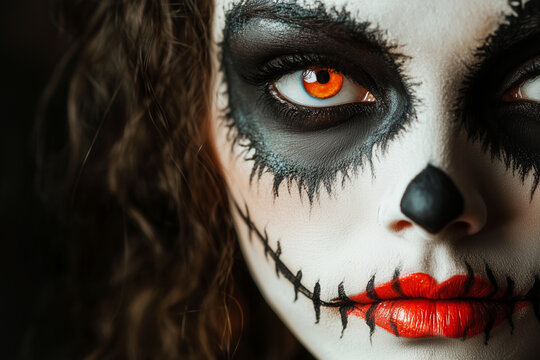 woman with a scary face painted on her face. The face is made up of black and white paint and has red lips. The woman's eyes are painted orange, giving her a creepy and unsettling appearance