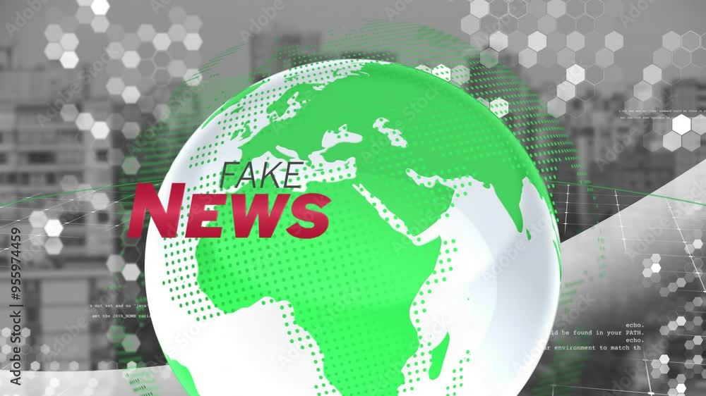 Poster fake news text animation over green globe and hexagonal patterns