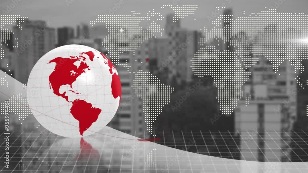Poster globe with red lines and world map animation over cityscape background