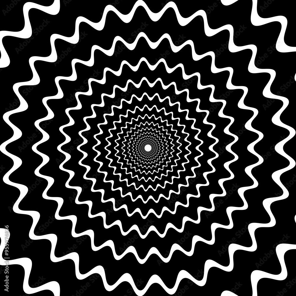 Aufkleber Psychedelic hypnotic spiral pattern, hypnosis swirl. Vector black and white background with concentric wavy lines create a tunnel-like effect or trippy visual experience. Hypnotic monochrome vortex