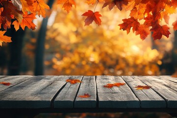 wooden table and blurred Autumn background. Autumn concept with red-yellow leaves background with generative ai