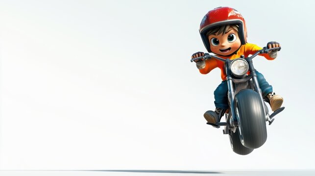 Animated Boy Riding Motorcycle with Excitement and Adventure