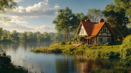 Fototapeta premium Countryside pondside home