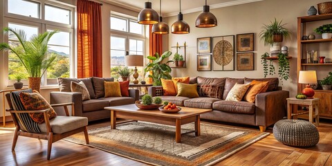 Warm brown furniture invites relaxation in this cozy living room, where vibrant textiles and stylish decor elements