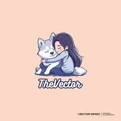 girl cuddling dog logo, vector, mascot, character, cartoon, illustration, eps10