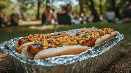Hot Dogs with Mustard and Relish in Aluminum Foil Pan