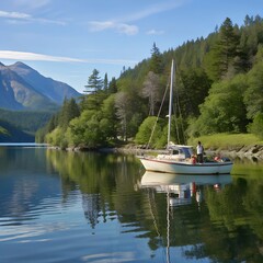 A small motorboat or sailboat on a calm lake, with a family or friends enjoying a relaxing day out. The surrounding landscape includes mountains and trees reflecting in the water