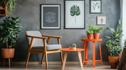 Vintage living room: gray wall posters, wooden armchair by orange table with plant