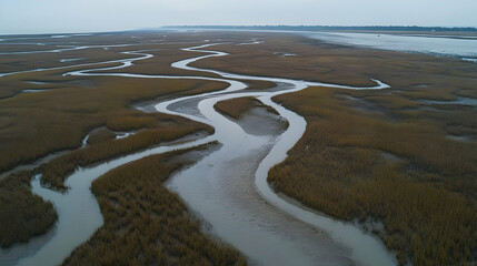 The drone captures a coastal wetland at low tide, where meandering streams cut through the muddy landscape.