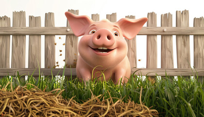 happy cute smiling little pig farm barn, hay, green grass, wooden fence, copy space