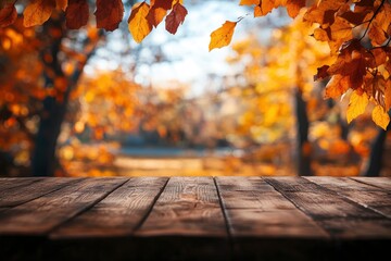 wooden table and blurred Autumn background. Autumn concept with red-yellow leaves background with generative ai