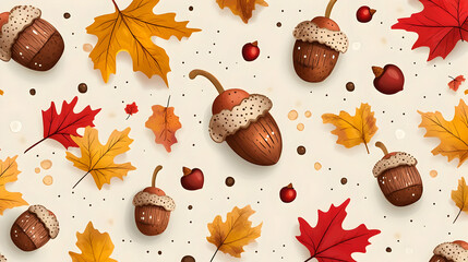 Autumn Leaves Acorns Seamless Pattern Background