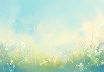 Watercolor Background with Soft Pastel Colors Featuring Light Blue and Green, Blurred Sky and Green Grass Field
