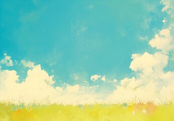 Watercolor Background with Soft Pastel Colors Featuring Light Blue and Green, Blurred Sky and Green Grass Field