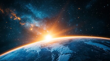 View of the Earth, star and galaxy. Sunrise over planet Earth, view from space. 