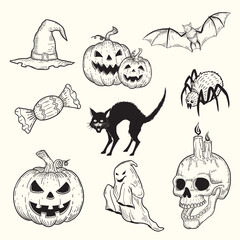Collection of hand drawn sketch illustrations for Halloween, hats, pumpkins, black cats, spiders, ghosts, skulls, bats, candies