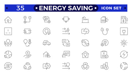Energy Saving outline icon set with conservation, reduce waste, consumption, management, efficiency, gas emission and green house. Eco related icons Energy Costs, Power ConsumptionGreen House 

