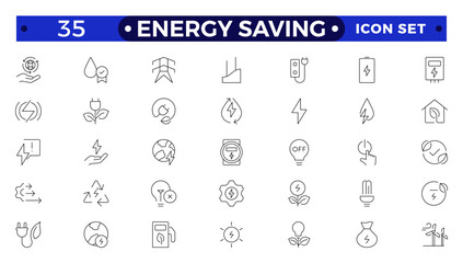 Energy Saving outline icon set with conservation, reduce waste, consumption, management, efficiency, gas emission and green house. Eco related icons Energy Costs, Power ConsumptionGreen House 
