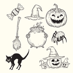 Collection of hand drawn sketch doodle illustrations for Halloween, pumpkin, witch's hat, spider, witch's broom, witch's cauldron, black cat.