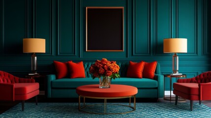 Stylish living room featuring teal walls, red furniture, and elegant decor, perfect for modern interior design inspiration.