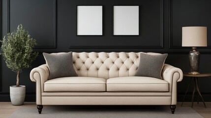 Elegant beige tufted sofa in a modern living room with dark walls and stylish decor, perfect for sophisticated interiors.