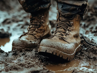 Muddy boots trudging through wet terrain showcase hard work and resilience of outdoor labor.