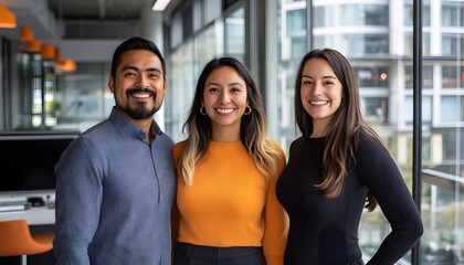 Three smiling colleagues standing near a window in an office