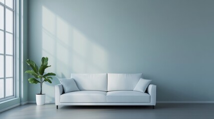 Modern white sofa in a minimalist room with natural light and greenery, perfect for creating a serene atmosphere.