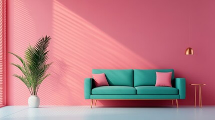 Elegant living room featuring a mint green sofa against a pink wall, with modern decor and natural light casting soft shadows.