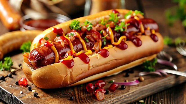 Delicious grilled hot dog with toppings served on a wooden table during a summer barbecue