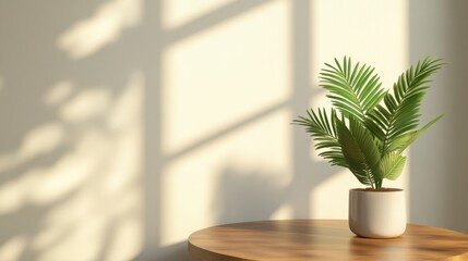 A serene indoor scene featuring a lush plant in a modern pot, casting beautiful shadows on a wooden table.